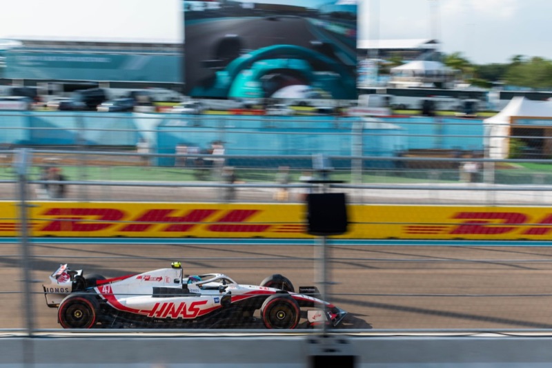 Mick Schumacher drives his white Haas Formula 1 car on the back straight at the Miami Grand Prix
