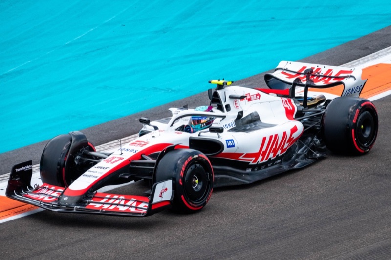 Mick Schumacher drives his white Haas Formula 1 car on track at the Miami Grand Prix
