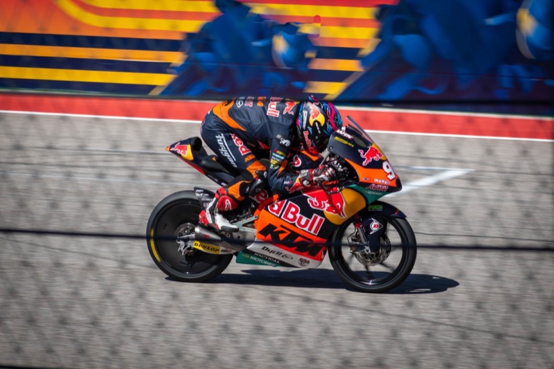 A Red Bull KTM rider goes full speed in the main straight at the Circuit of the Americas